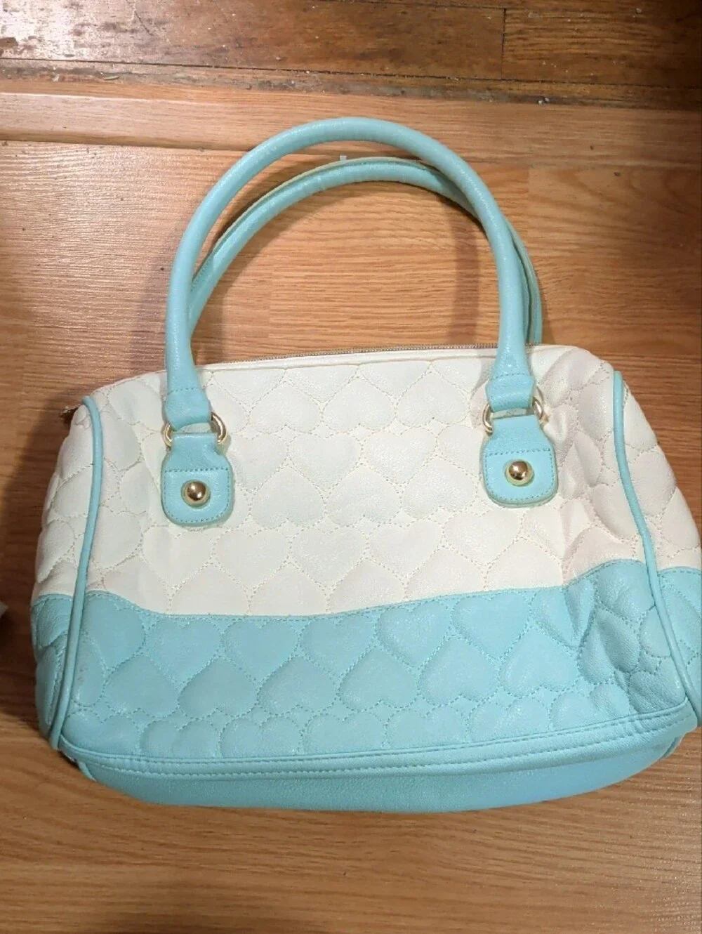 Betsey Johnson Cream & Light Blue Heart-Quilted Satchel with Bow